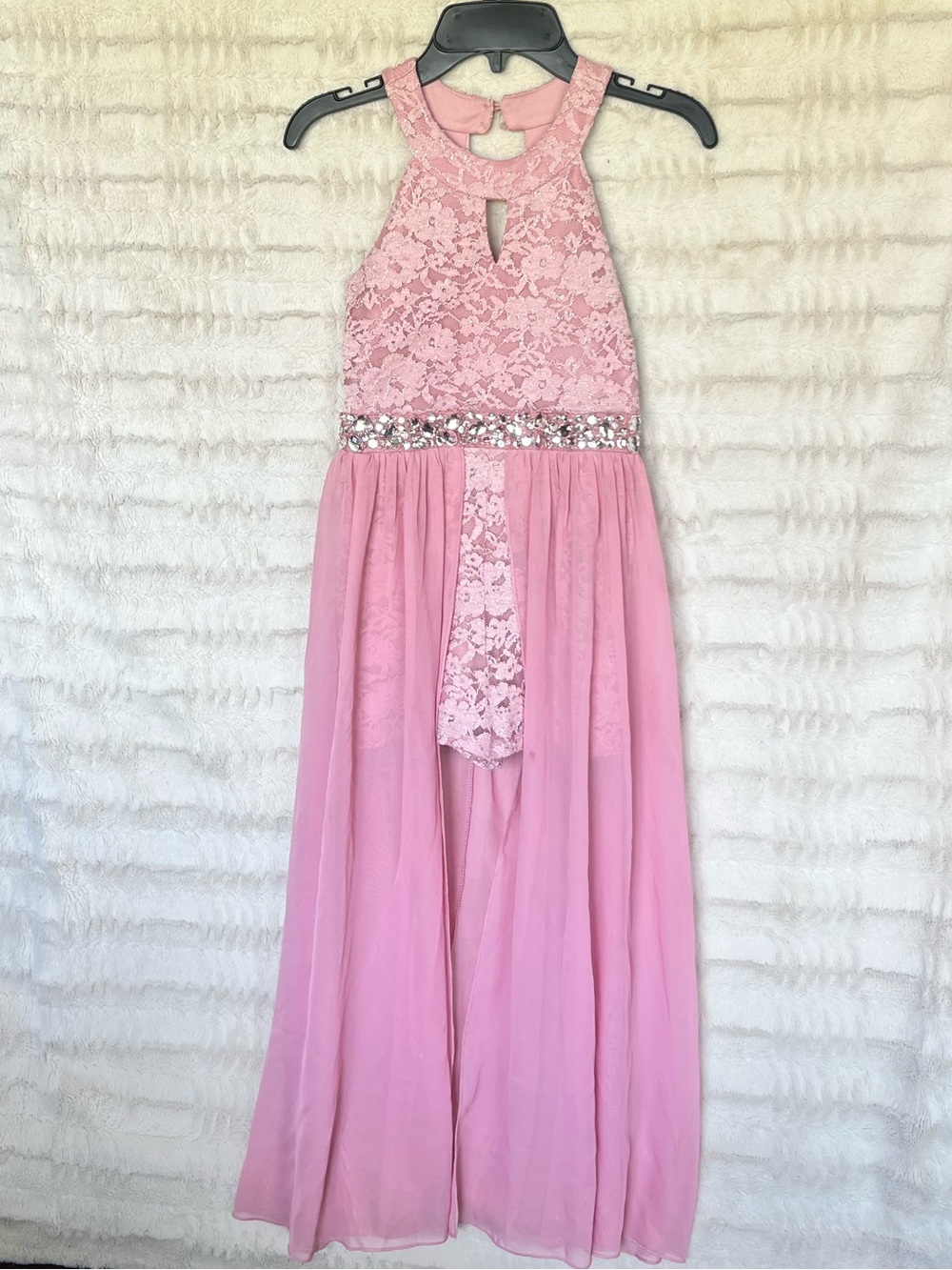 Xtraordinary Pink Lace Halter Chiffon Skirted Romper with Sequin Waist